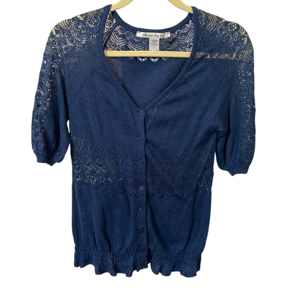 American Rag Cardigan Sweater Women’s S Blue Knit Crochet V Neck Boho Granny